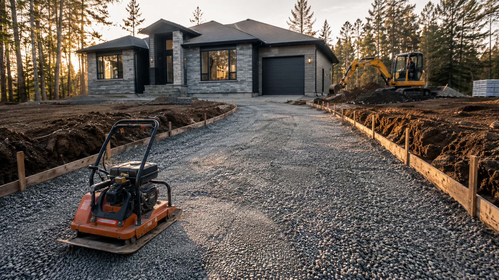 Driveway base preparation with plate compactor and mini excavator