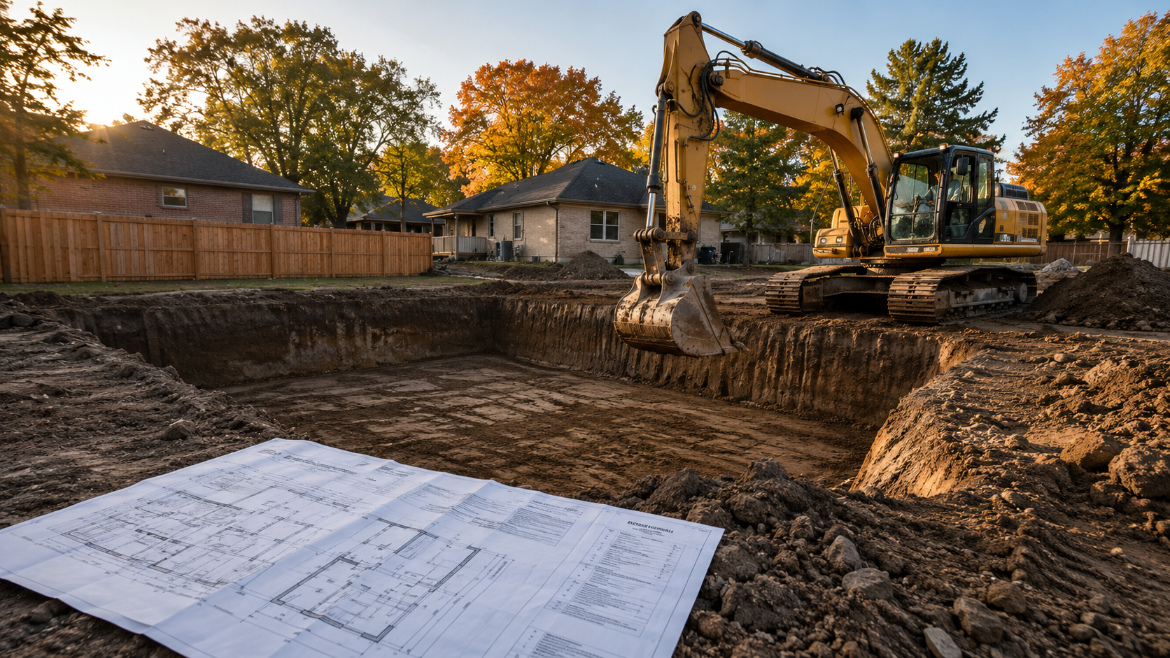 Excavator digging foundation for new home build in Ontario