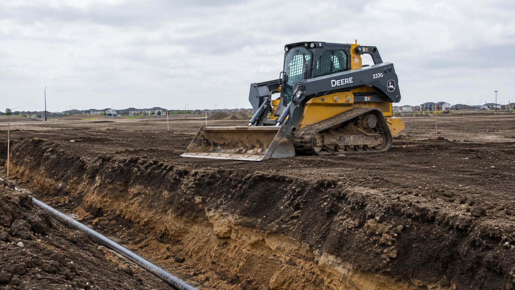 Compact track loader grading site with utility trench in GTA