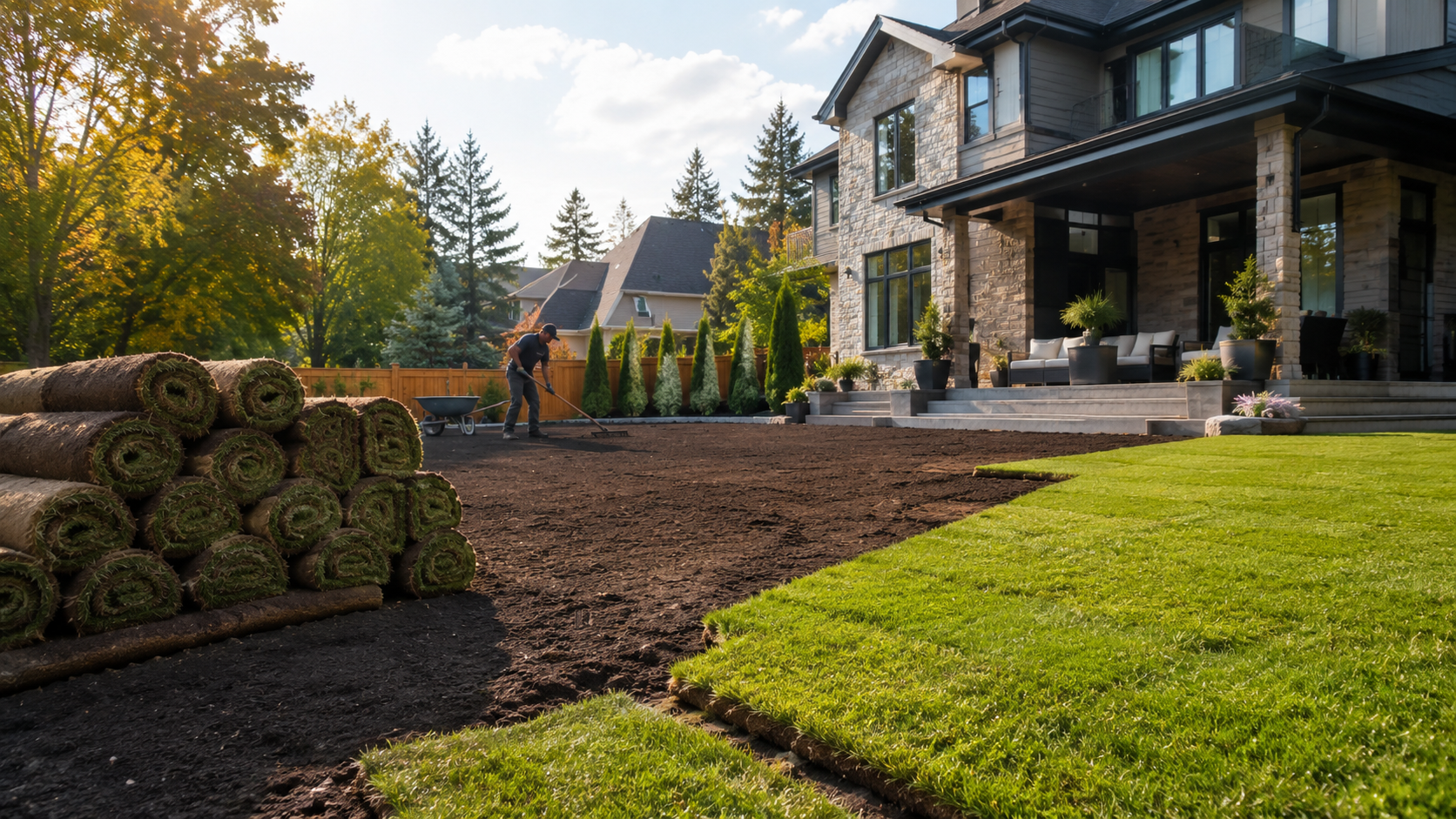 Fresh sod rolls being installed over topsoil at a Canadian home
