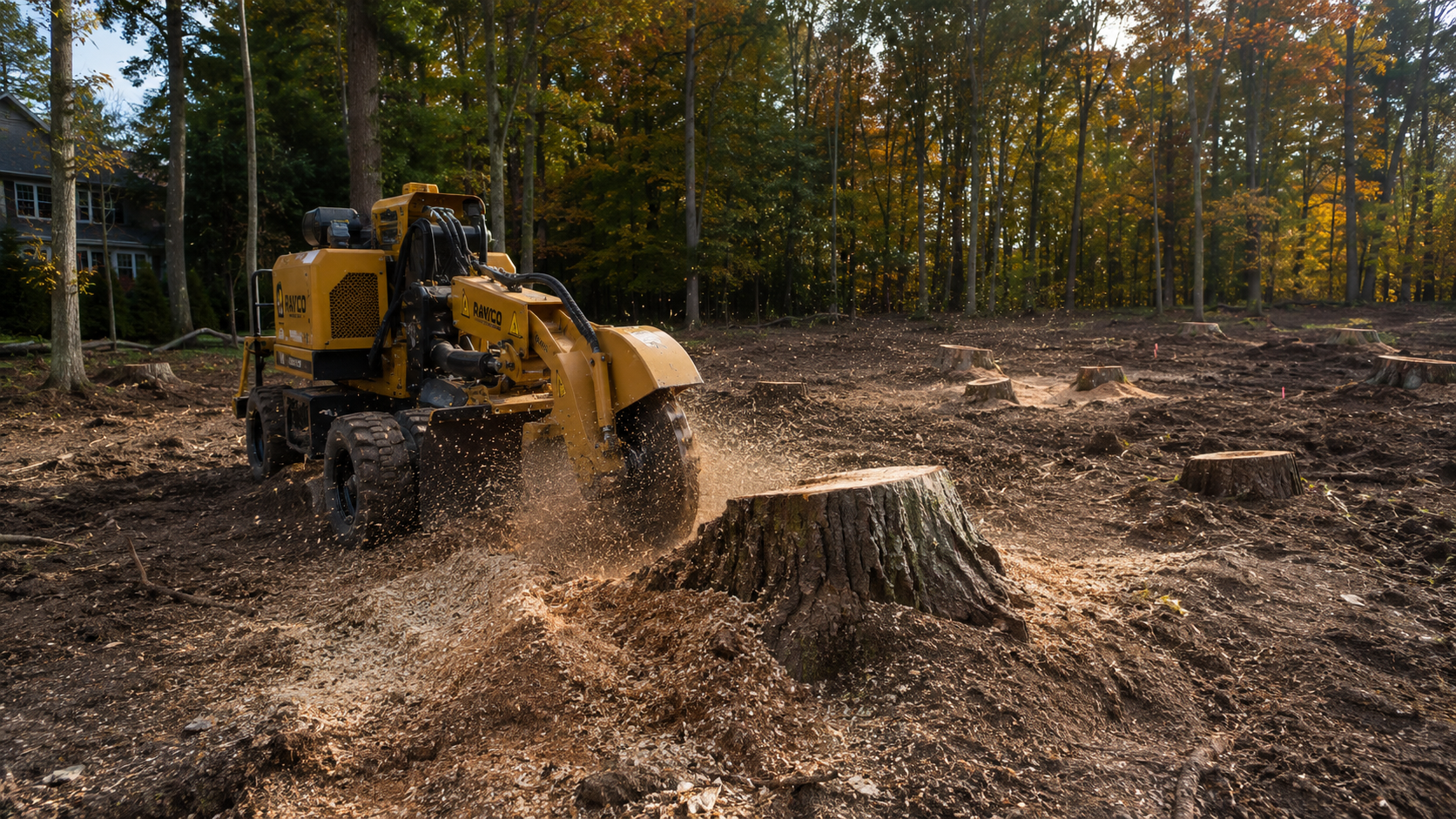 Stump grinder removing a tree stump on a cleared residential lot
