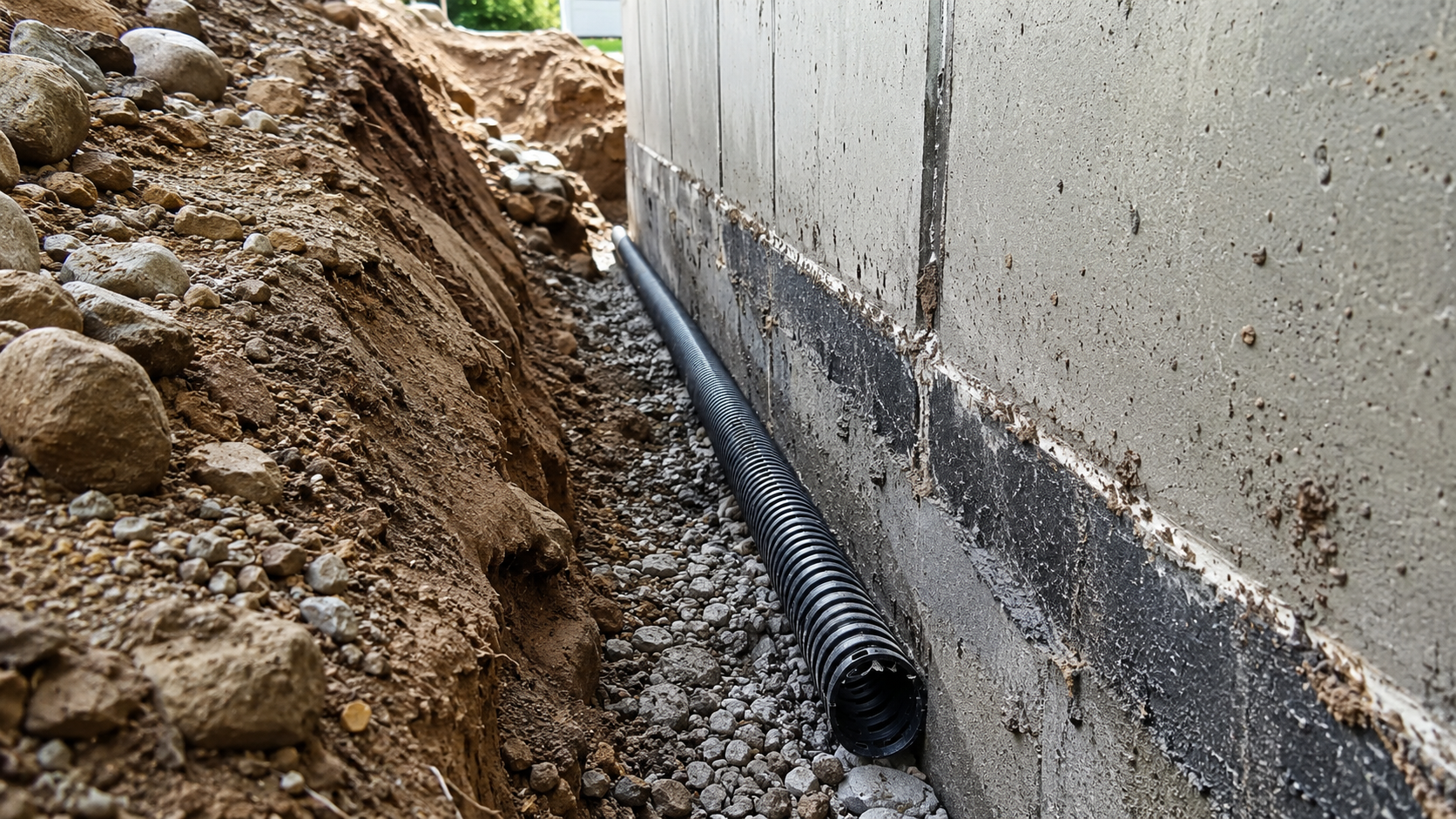 New weeping tile drainage installed around a residential foundation